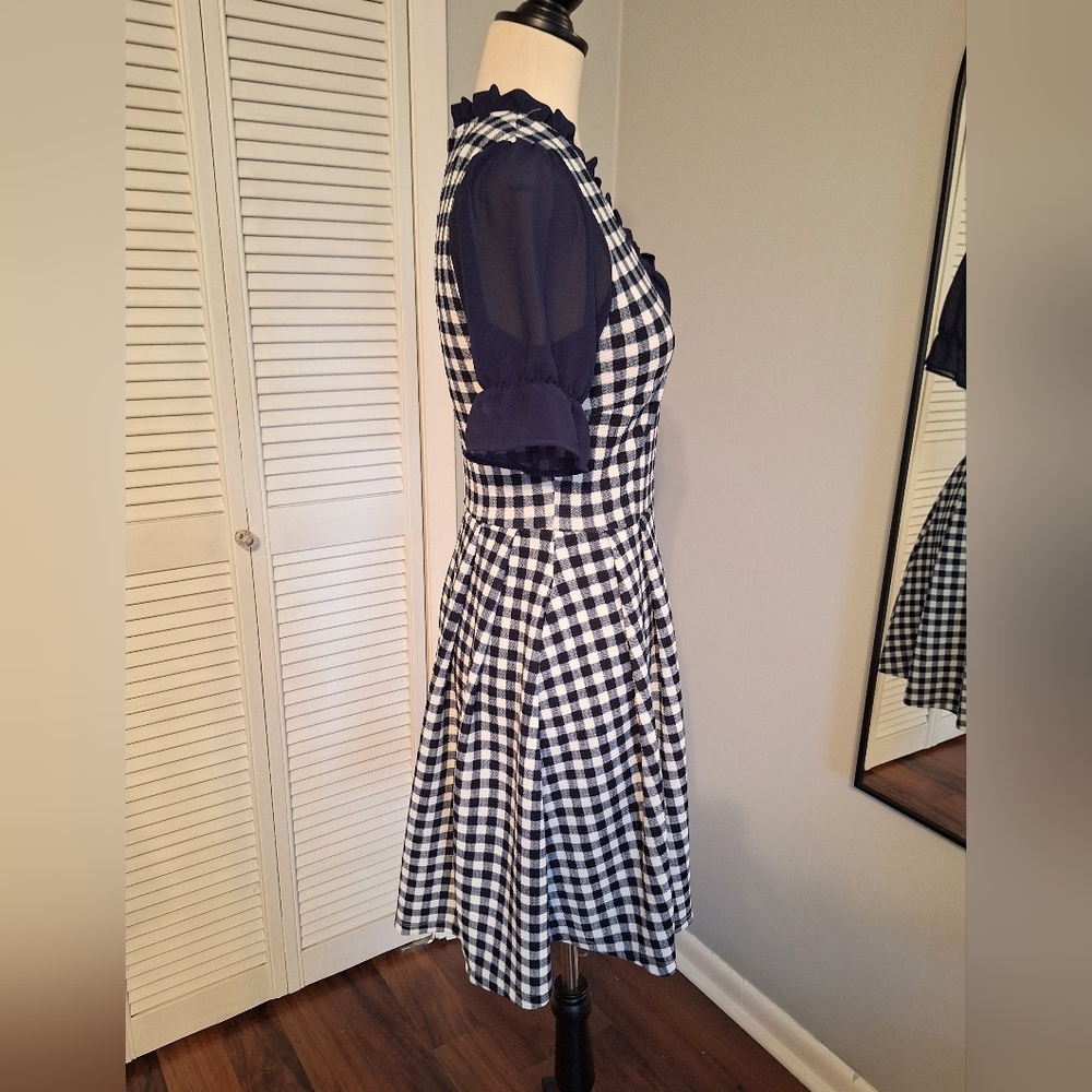 Smak Parlour Vintage Style Fit And Flare Navy and White Gingham Dress Small *L - Picture 3 of 5
